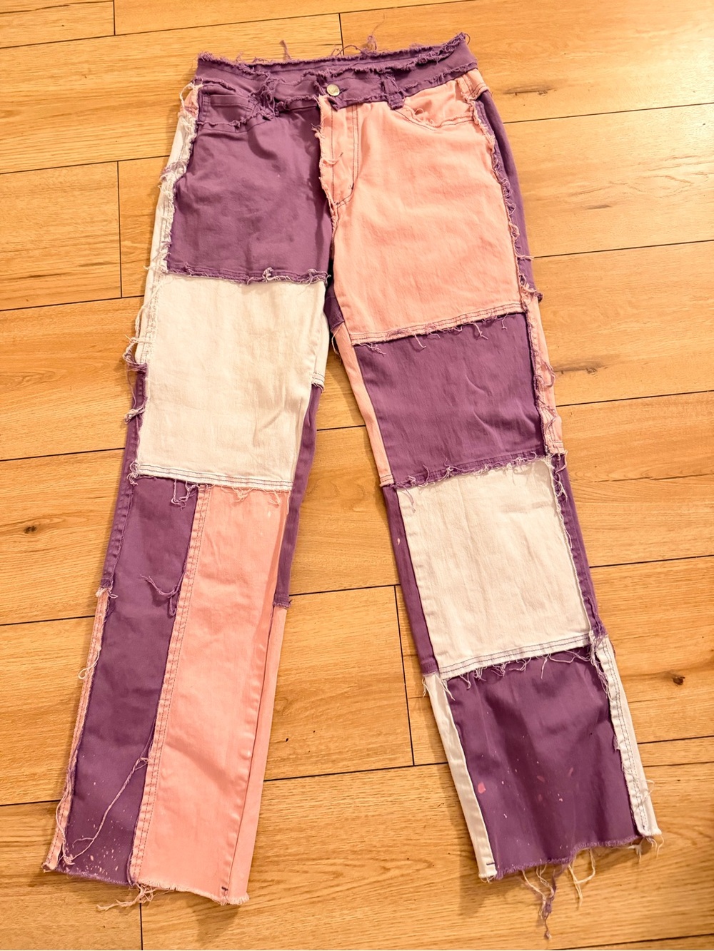 Patchwork High-Waist Women’s Jeans in Purple, Pink & white